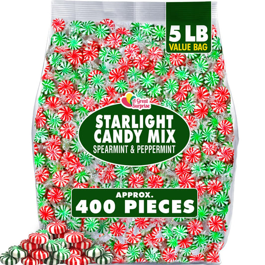 A Great Surprise Starlight Mints Bulk - 5 Pounds - Refreshing Candy Individually Wrapped - Spearmint and Peppermint Hard Candy - Office, Hospitality