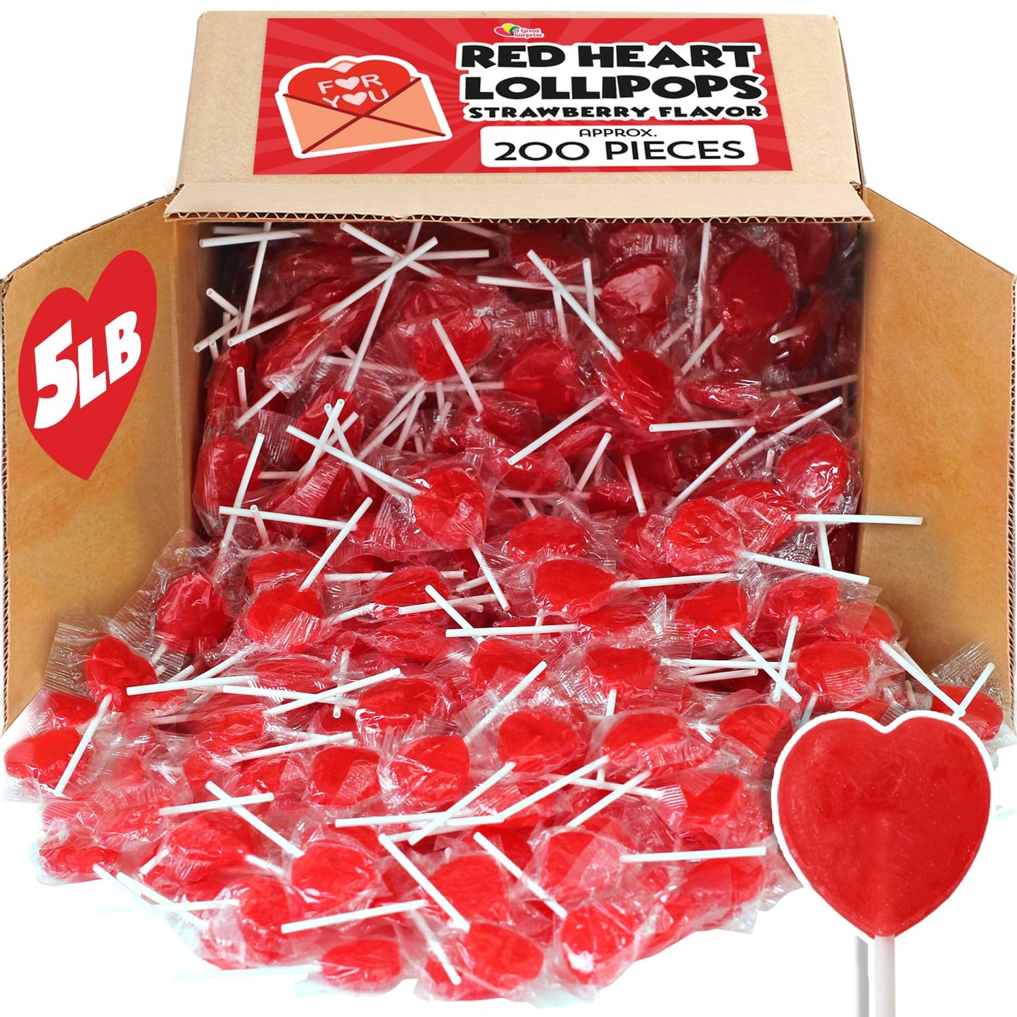 A Great Surprise Red Heart Lollipops - 5 Pounds Bulk - Approx 200 ct - Halloween Red Lollipops - Teachers School Rewards Treats