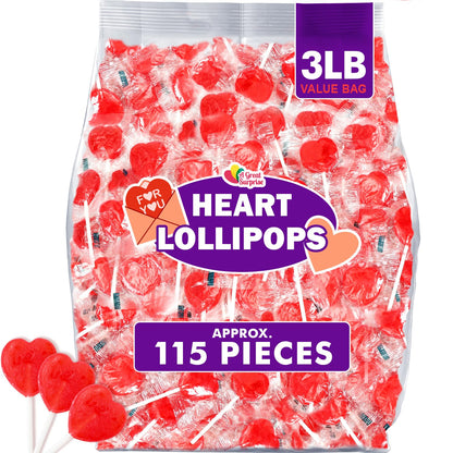 Red Heart Lollipops - 3 Pounds - Heart Shaped Suckers - Red Candies for Candy Buffet - Strawberry Flavored