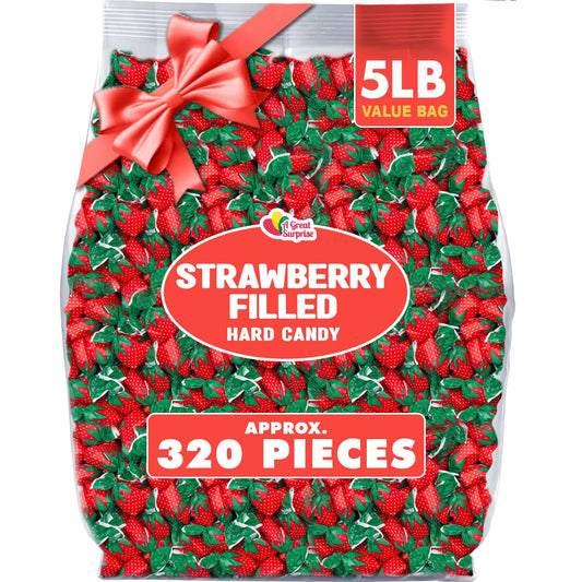 A Great Surprise Strawberry Hard Candy - 5 Pounds - Strawberry Bon Bons - Red and Green Christmas Hard Candies - Filled Hard Candies