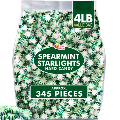 Spearmint Mints Starlight - 4 LB Bulk Hard Candies - Mint Candy - Green and White Mints - Individually Wrapped - Refreshing Candy Suckers