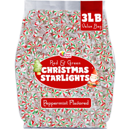 Christmas Peppermint Starlights - 3 Pounds - Mints Bulk Candy - After Dinner Mints - Peppermint Hard Candy - Red and Green Candies
