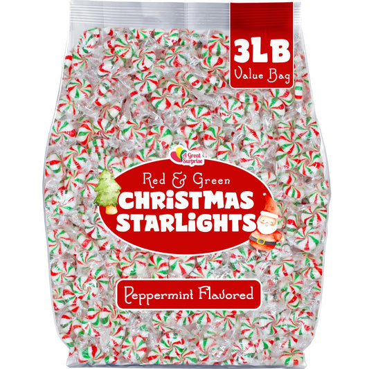 Christmas Peppermint Starlights - 3 Pounds - Mints Bulk Candy - After Dinner Mints - Peppermint Hard Candy - Red and Green Candies