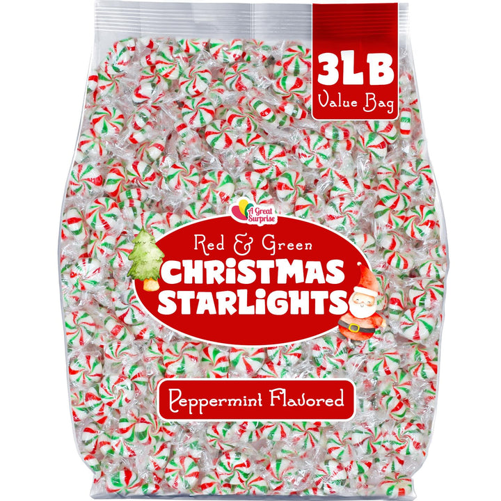 Christmas Peppermint Starlights - 3 Pounds - Mints Bulk Candy - After Dinner Mints - Peppermint Hard Candy - Red and Green Candies