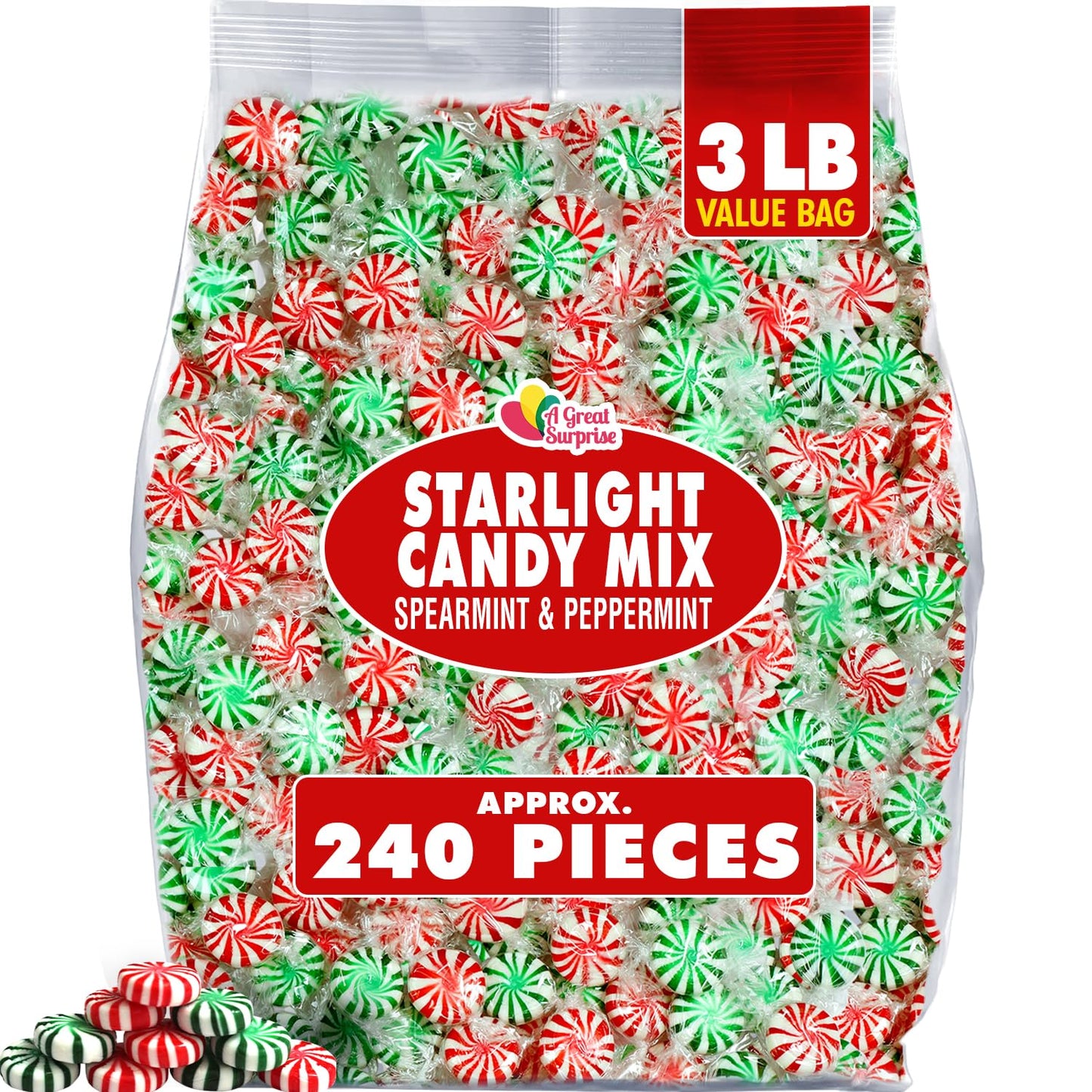 Christmas Starlight Mint Candy - 3 Pounds - Peppermint and Spearmint - Bulk Mints Hard Candy Individually Wrapped