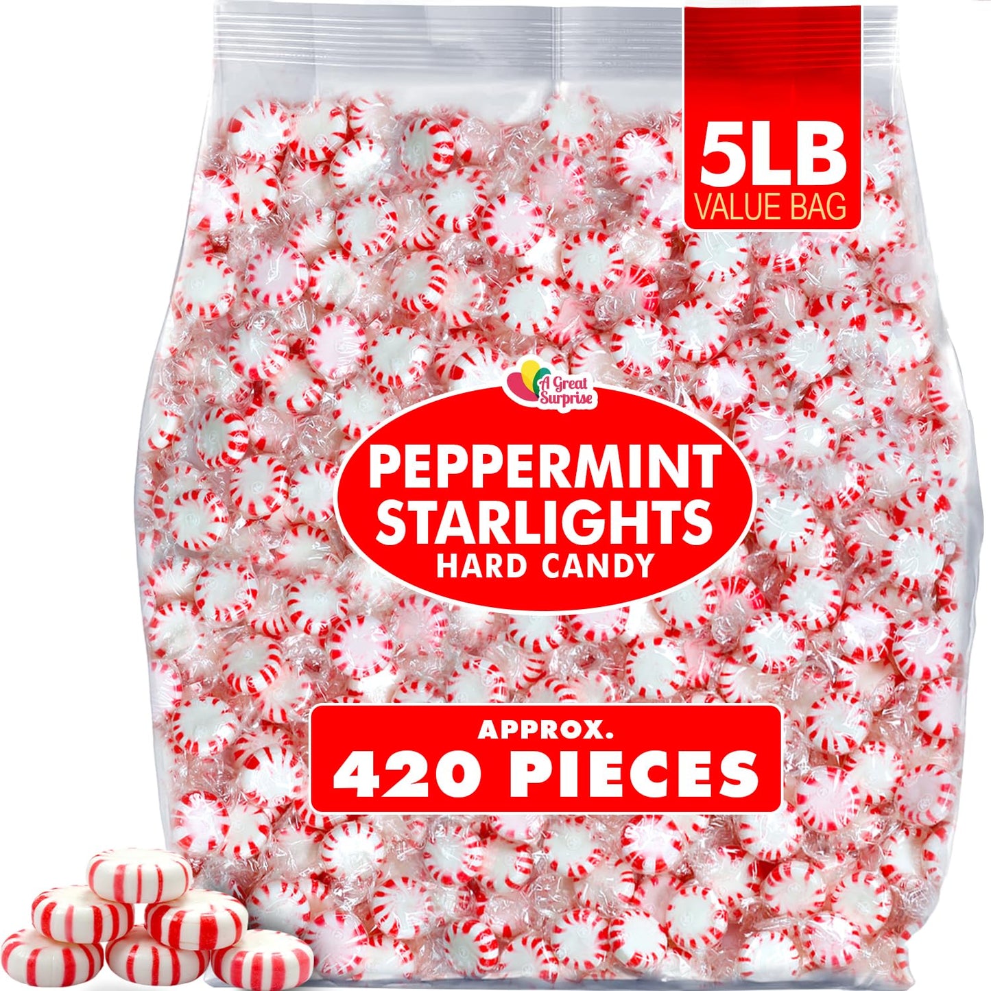 Starlight Peppermint Candy - 5 lb Bulk Bag - Red & White Peppermint Hard Candy - Individually Wrapped Mints for Office Candy Bowls