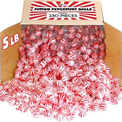 Jumbo Mint Balls - 5 Pounds - Peppermint Bulk Candy - Red and White Hard Candies - Bulk Individually Wrapped Candy