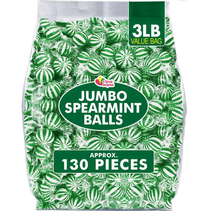 Jumbo Spearmint Mint Balls - 3 Pounds - Bulk Green Starlight Mints for Saint Patricks Day, Candy Buffets & Events | Refreshing Classic Minty Treats