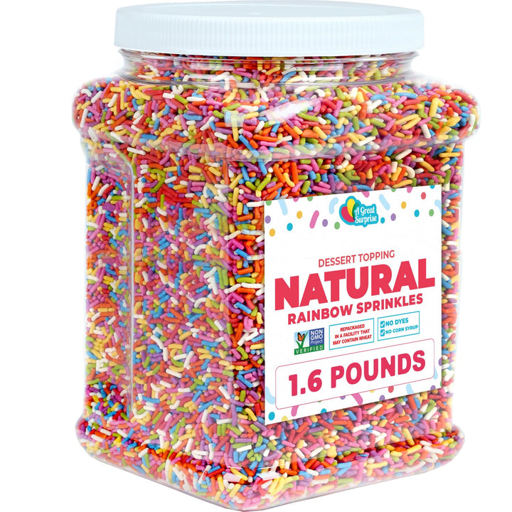 A Great Surprise Dye-Free Rainbow Sprinkles  1.6 Pounds - Natural Vegan Baking Toppings with No Artificial Dyes or Flavors  Non-GMO Jimmies for Cookies, Cakes, Ice Cream & Cupcakes