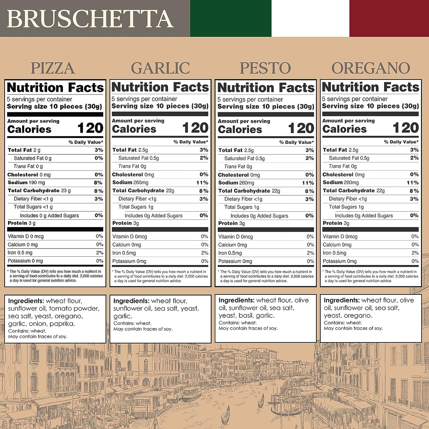 Cracker Assortment - Pack of 4 - Crostini Toast for Bruschetta - Sharing Size - Kosher, Vegan - Assorted Gourmet Flavors Pesto, Oregano, Pizza, Garlic