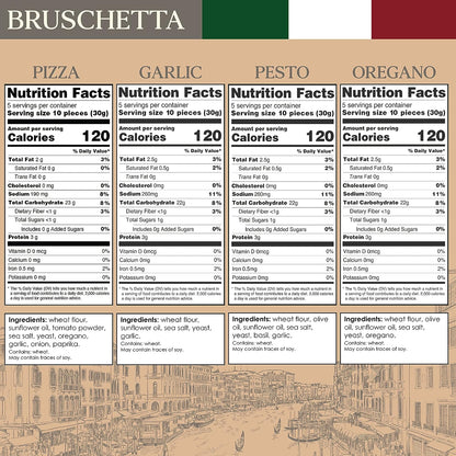 Cracker Assortment - Pack of 4 - Crostini Toast for Bruschetta - Sharing Size - Kosher, Vegan - Assorted Gourmet Flavors Pesto, Oregano, Pizza, Garlic