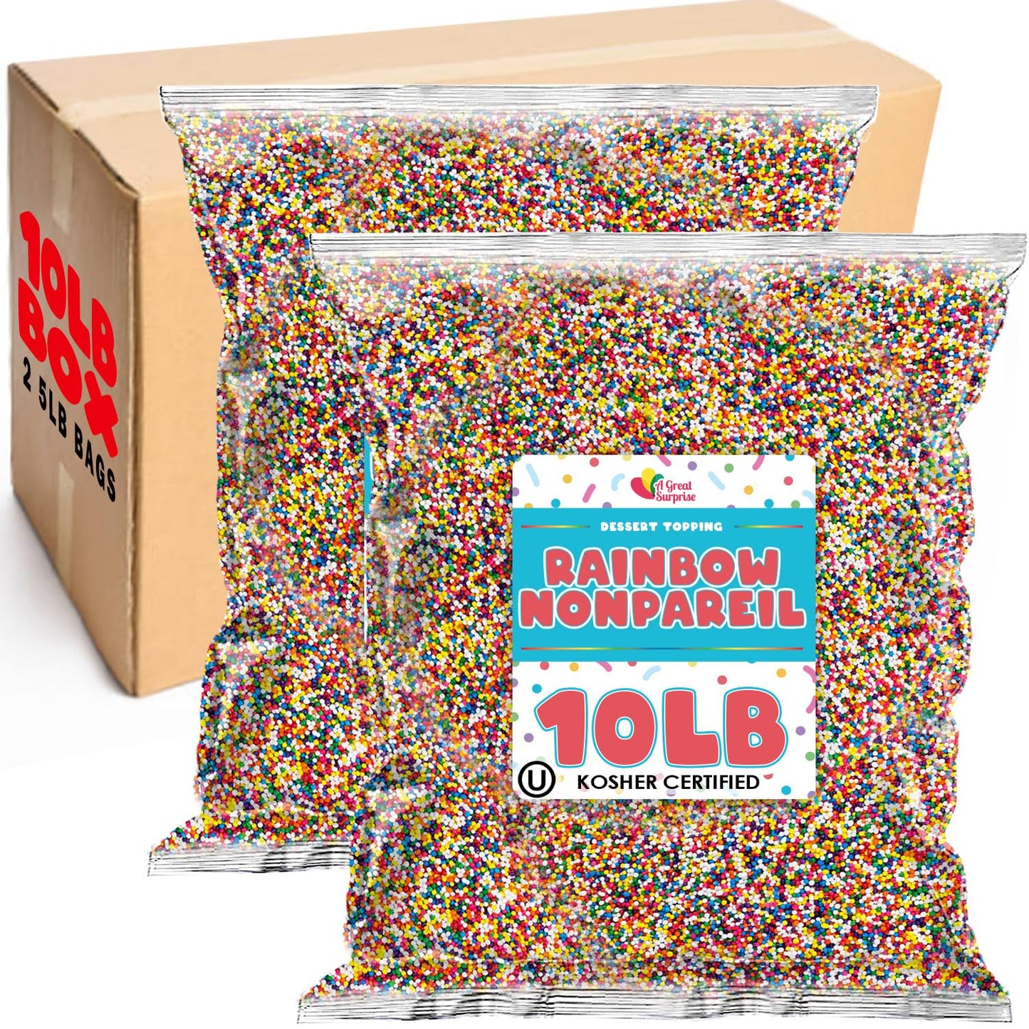 Bulk Rainbow Nonpareils Sprinkles - 10 lbs - Vegan Kosher Colorful Candy Topping for Baking, Cake Decorating, Cookies, Cupcakes - Confectionery Decoration for Professional and Home Bakers