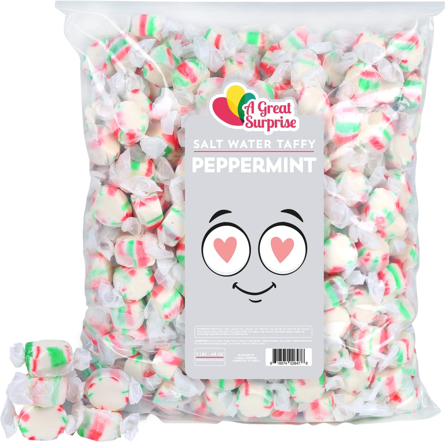 Peppermint Saltwater Taffies Individually Wrapped - Old Fashioned Mint Salt Water Taffies - Bulk Taffy Candy - Red, Green and White Wrapped Candies - 3 Pounds