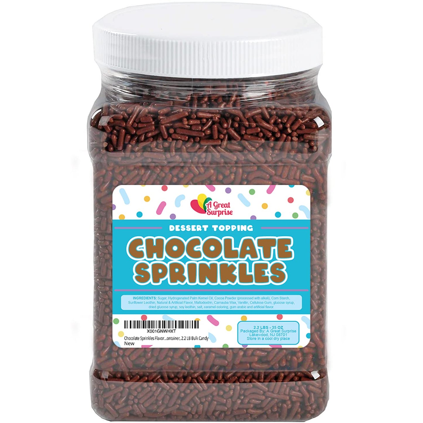 Chocolate Sprinkles - Bulk 2.2 LB Resealable Container - Ice Cream Jimmies - Brown Sprinkle Dessert Toppings for Baking, Cookies, Cupcakes and More