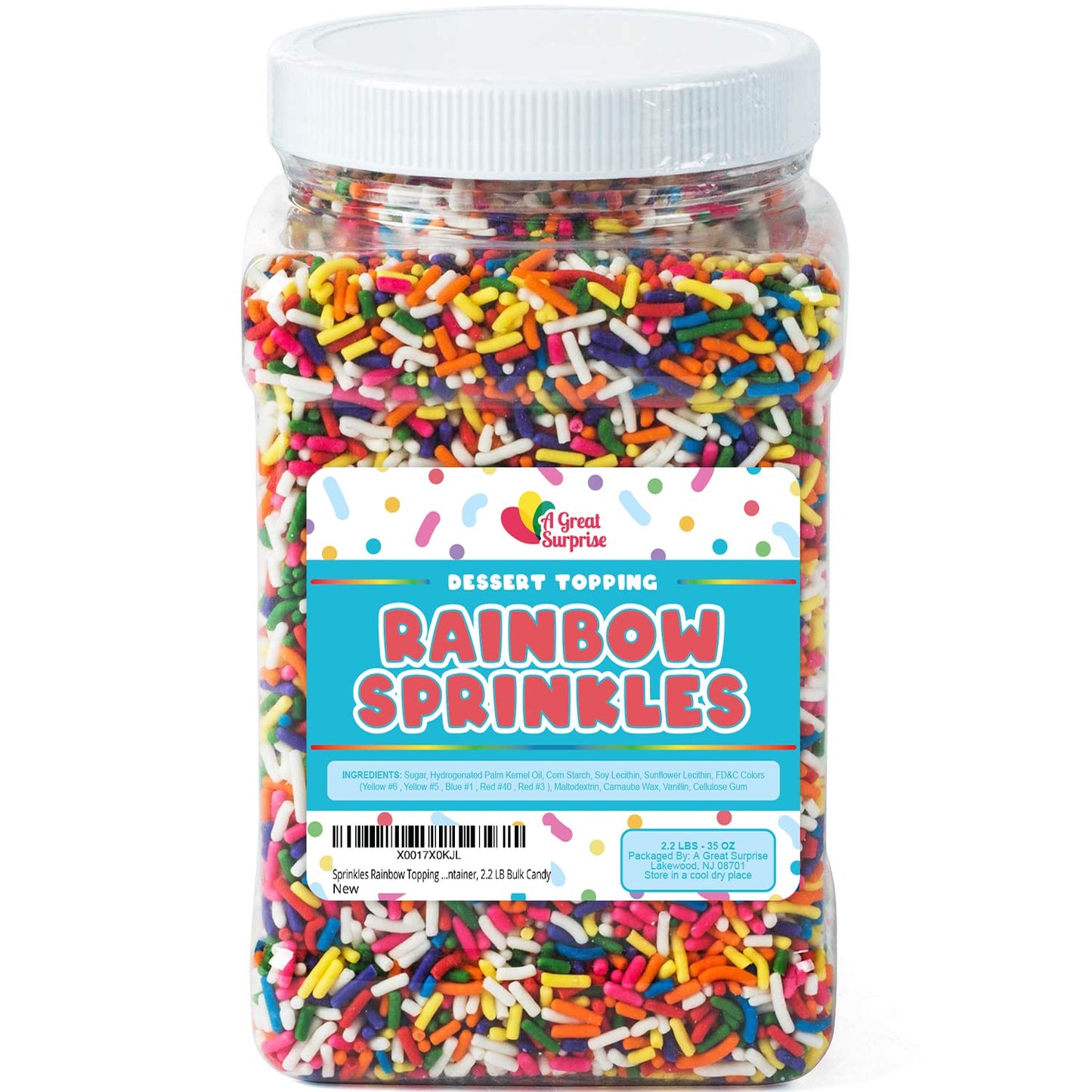 Sprinkles Rainbow Bulk - Decorating Jimmies - 2.2 LB - Sprinkle Candy - Resealable Container - Toppings for Ice Cream Sundae, Cupcake, Cake, Cookie