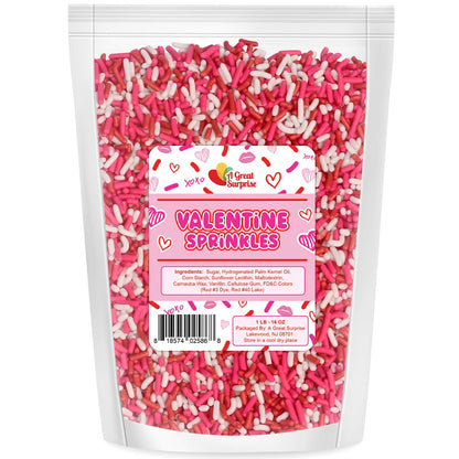 A Great Surprise Valentines Sprinkles - 16 Oz - Red, Pink & White Sprinkles - Bulk Jimmies