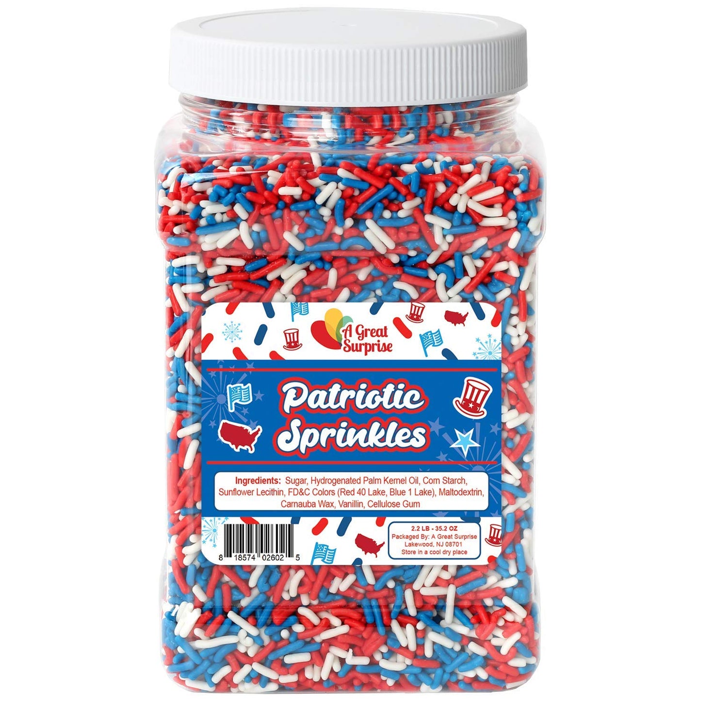 A Great Surprise Red White Blue SPRINKLES - 2.2 LB - Football Team Jimmies - Team Spirit Sprinkles - Bulk Toppings - Patriotic Sprinkles