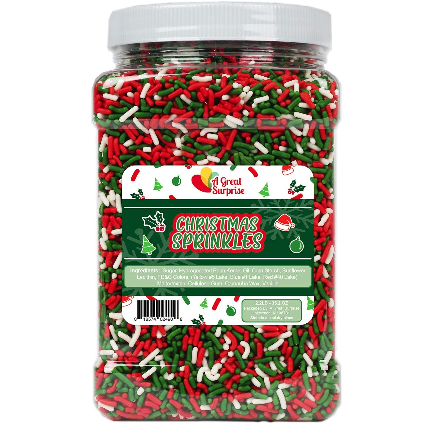 Christmas Sprinkles - Bulk Holiday Sprinkles - 2.2 LB Container - Red White and Green Jimmies