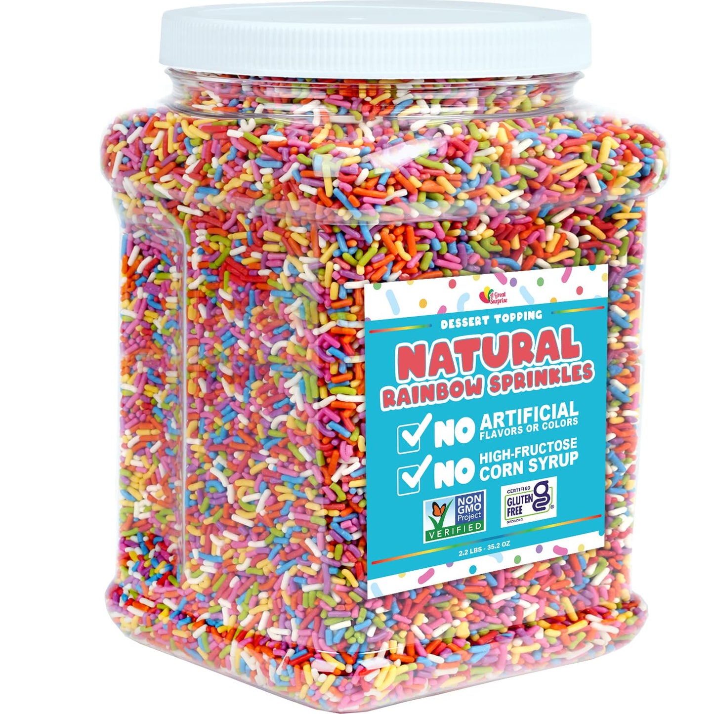 Sprinkles Rainbow - 2.2 LB Container - 100% All NATURAL - Rainbow Sprinkles with No Artificial Colors - Carnival Sprinkles in Resealable Container, Bulk Candy