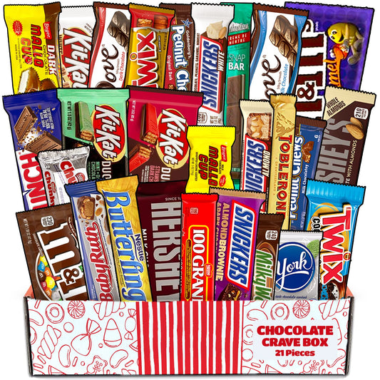 Chocolate Crave Box - 21 Pieces - Mother's Day Gift Box - Care Package - Chocolate Bars Gift Basket - Chocolate Lover Gift for Adults, Kids, College, Camp, Birthday