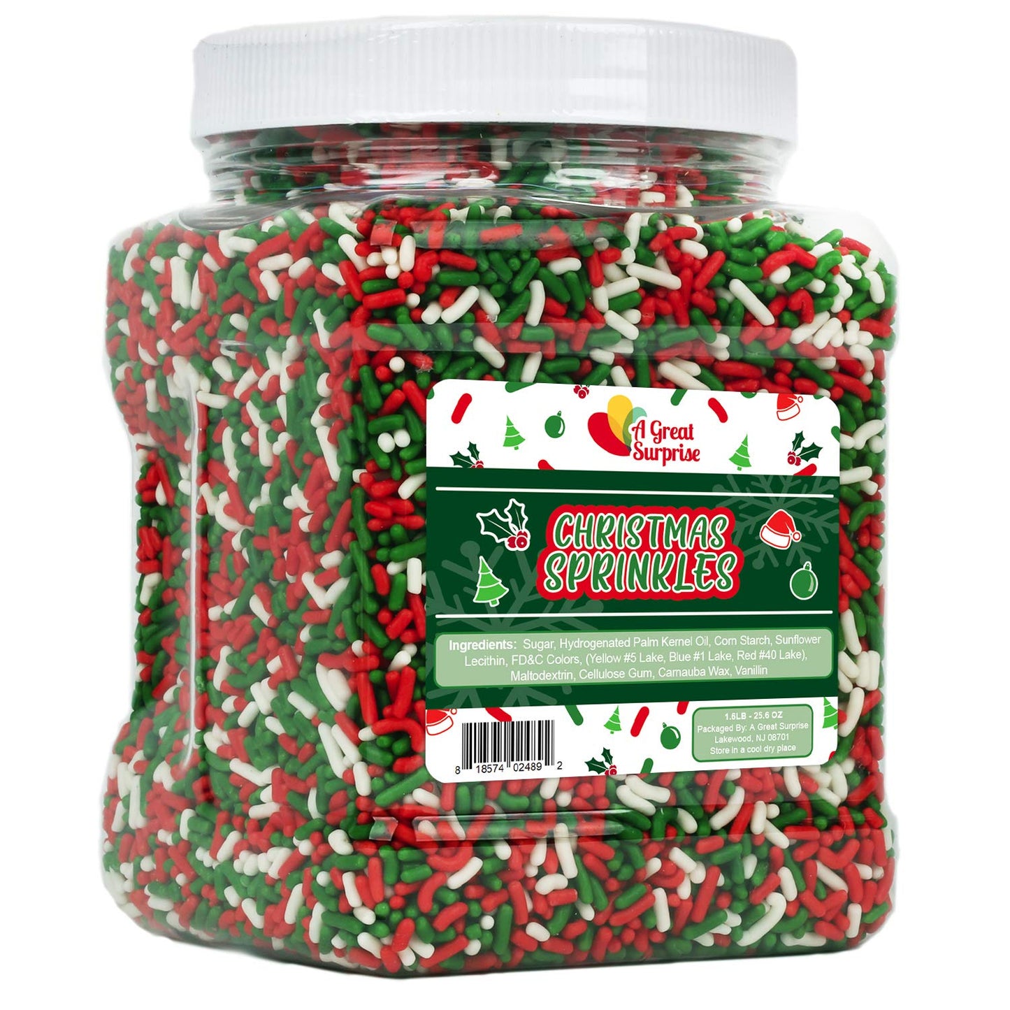 Christmas Sprinkles - Bulk Holiday Sprinkles - 1.6 LB Container - Red White and Green Jimmies