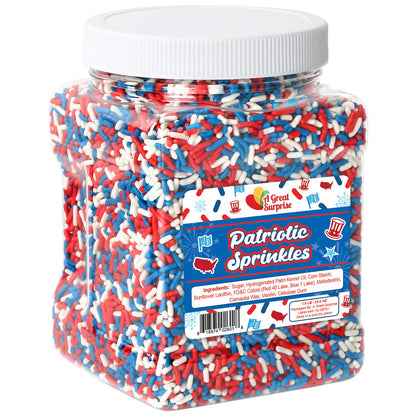 A Great Surprise Red, White, Blue SPRINKLES - Memorial Day Jimmies - Team Spirit Toppings - American Jimmies - Bulk Toppings - 1.6 LB