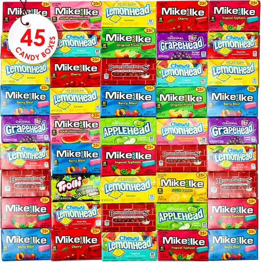 Movie Theater Candy Variety Pack - Boxed Movie Candy Mix - Bulk Movie Theater Candy- 45 Individual Boxes of Movie Candy- Mike and Ike's, Lemonhead, Applehead, Cherryhead, Red Hots, Boston Baked Beans, Trolli and More Boxes
